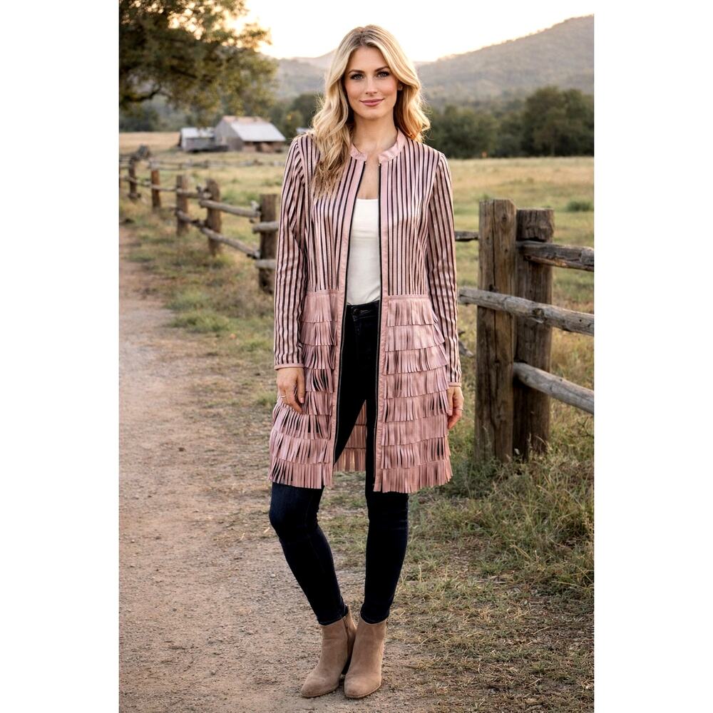 Dakota West Mesh Long Sleeve Fringed Full Zip Up Jacket Women's SM pearl pink